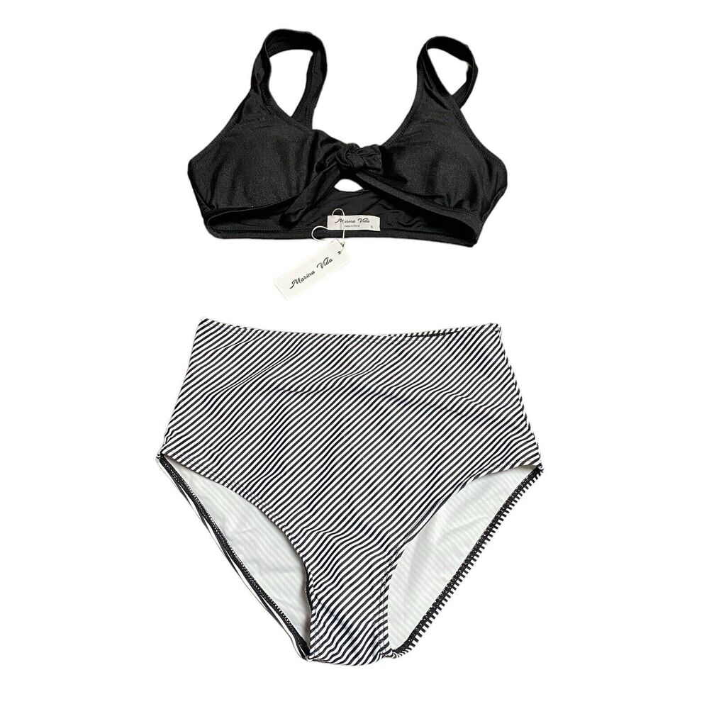Swimsuit Verano Playa Small Black White striped Bikini High Waist With Tags